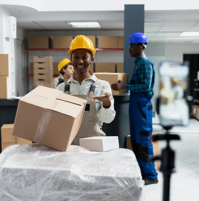 small-business-staff-creates-social-media-ad-while-filming-logistics-center